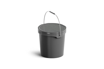 Blank black paint bucket with handle mock up isolated, side view. 3d rendering. Sealed industrial basin mockup. Empty plastic storage container. Versatile industrial bucketful. © Alexandr Bognat