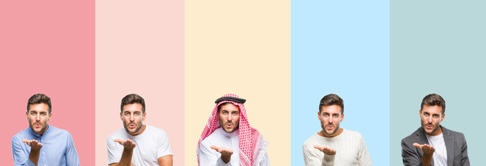 Collage of handsome young man over colorful stripes isolated background looking at the camera blowing a kiss with hand on air being lovely and sexy. Love expression.