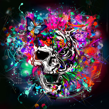 Skull and tiger  on colored background