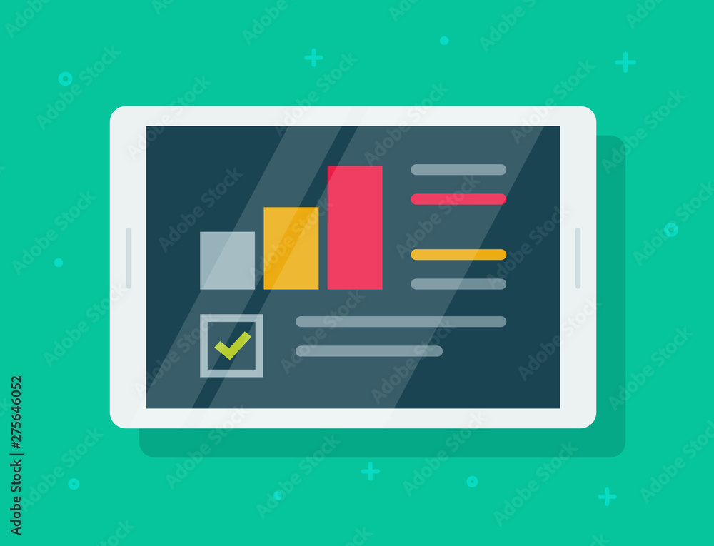 Poster electronic audit research report on tablet vector, flat cartoon financial or quality analysis statis