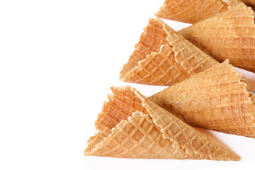 Empty wafer cone cups for ice cream isolated on white background