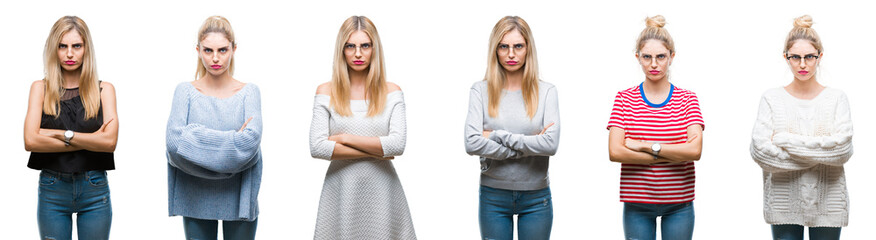 Collage of young beautiful blonde woman over isolated background skeptic and nervous, disapproving...