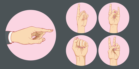 A set of different poses of human hands.A human hand with a raised index finger. Hand gesture - pointing. Fist and peace. Realistic vector illustration.