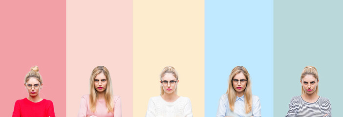 Collage of young beautiful blonde woman over vivid colorful vintage isolated background skeptic and nervous, disapproving expression on face with crossed arms. Negative person.