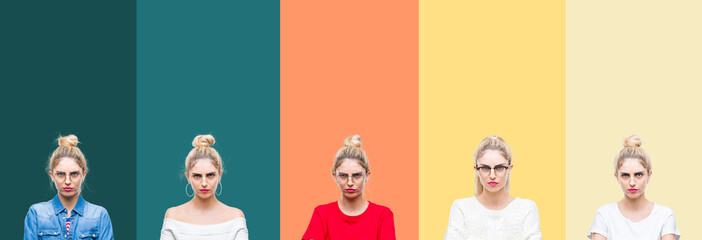 Collage of young beautiful blonde woman over vivid colorful vintage stripes isolated background skeptic and nervous, disapproving expression on face with crossed arms. Negative person.