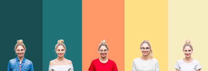 Collage of young beautiful blonde woman over vivid colorful vintage stripes isolated background...