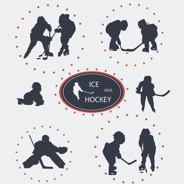 Vector Silhouettes Of Ice Hockey Players - Kids On A White Background