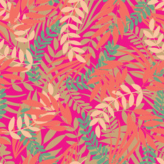 Vector tropical leaves seamless pattern on bright pink background