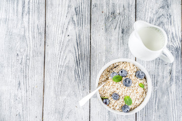 Healthy cereal and milk breakfast concept
