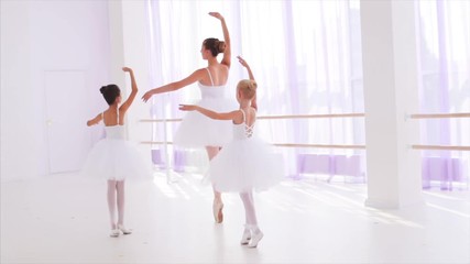 Two graceful girls ballerinas are dancing ballet dance with their teacher on lesson. They are in white tutus and pointes in ballet class. Classical ballet training.