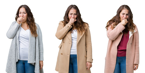 Collage of beautiful plus size woman wearing winter jacket over isolated background feeling unwell and coughing as symptom for cold or bronchitis. Healthcare concept.