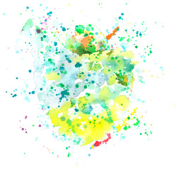 An abstract artistic vibrant teal blue, green and yellow watercolor background texture with splashes of paint, vector drawing with a place for text or logo