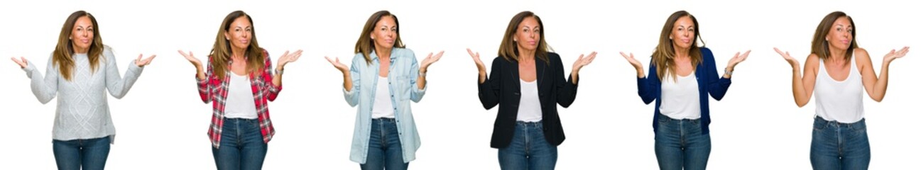 Collage of beautiful middle age woman over white isolated background clueless and confused expression with arms and hands raised. Doubt concept.