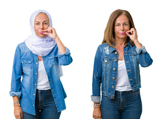 Collage of beautiful middle age arab woman over isolated background mouth and lips shut as zip with...
