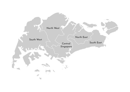 Vector isolated illustration of simplified administrative map of Singapore. Borders and names of the provinces (regions). Grey silhouettes. White outline