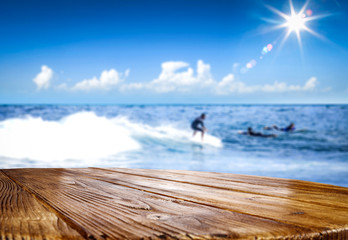 Desk of free space and summer beach landscape 