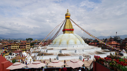 Nepal, Kathmandu. Boudhanath stupa with prayer flags