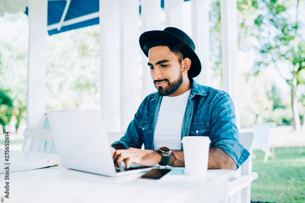 Poster millennial male student searching online web courses for e learning languages connecting to public w