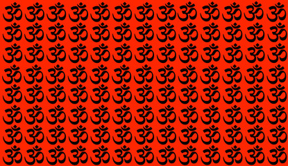 Red Background with Traditional Indian symbols: mantra, om, ganesh. Seamless pattern with Spiritual Yoga Symbol of Om, Aum ,Ohm India symbol Meditation, yoga mantra hinduism buddhism zen, icon.