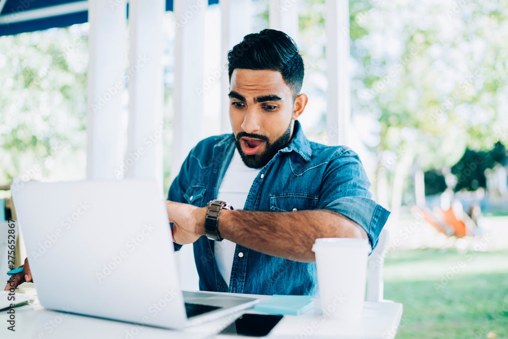 Poster turkish male freelance programmer feeling shocked from overtime for creating website for startup pro