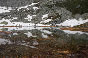 The cool, clear waters of a mountain lake, among rocks and snow residues.