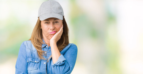 Beautiful middle age woman wearing sport cap over isolated background thinking looking tired and bored with depression problems with crossed arms.