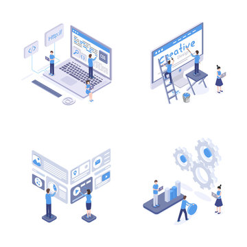 Programming and coding isometric illustrations set. Software optimization, web designers creating mobile app interface isolated cliparts pack. Programmers and developers teamwork 3d cartoon characters