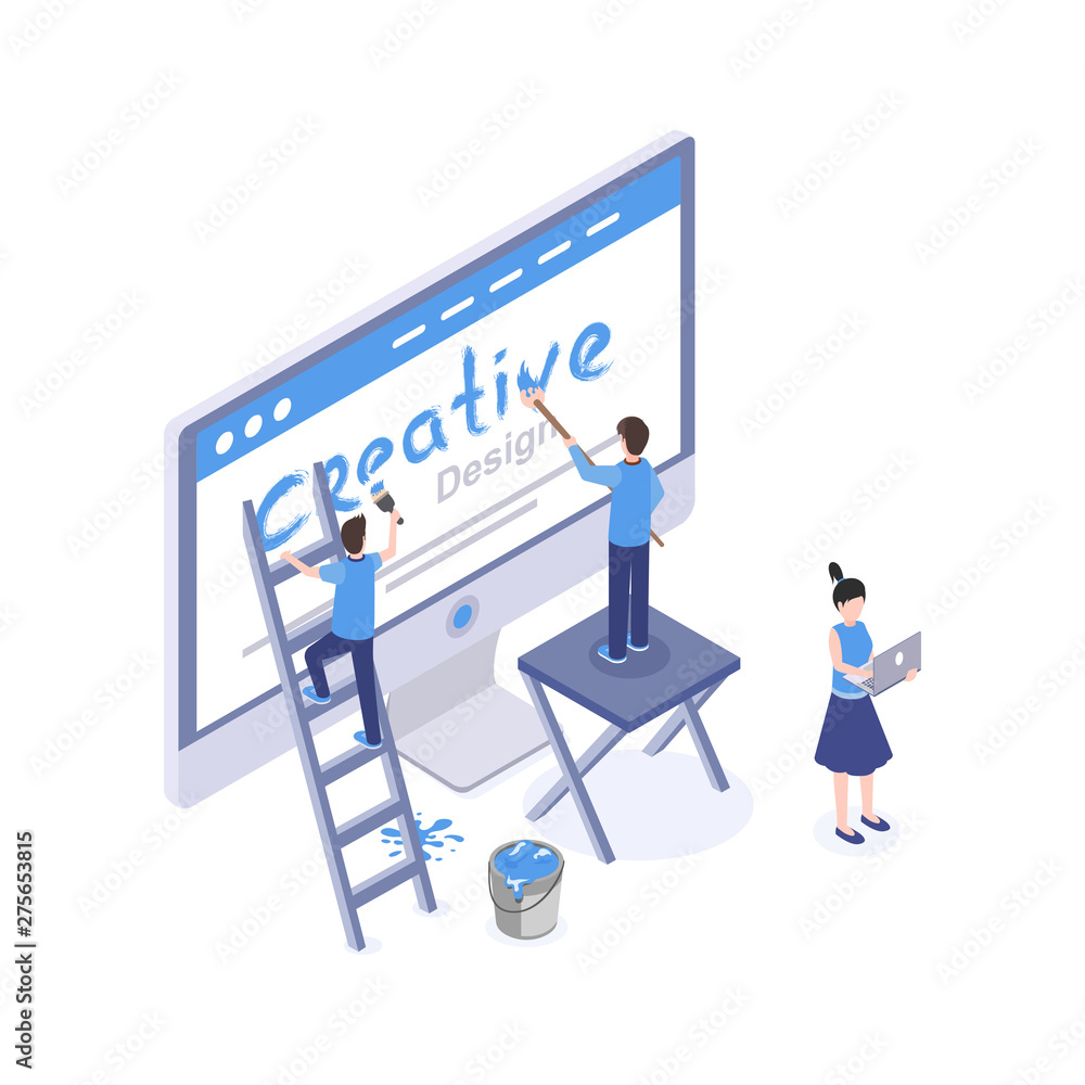 Aufkleber web design studio vector isometric illustration. graphic designer creating homepage, mobile app inte