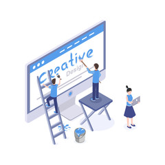 Web design studio vector isometric illustration. Graphic designer creating homepage, mobile app interface, searching ideas and solutions isolated clipart. UI, UX development 3d drawing