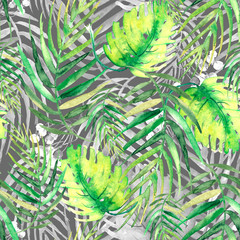 Obraz na płótnie Canvas Tropical leaves. Watercolor leaves of a tree, palms, bamboo, nettle, abstract splash. Watercolor abstract seamless background, pattern, spot, splash of paint, branch with berry, color. Tropic pattern.