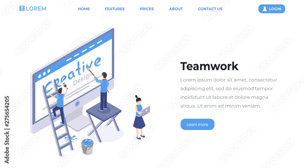 Aufkleber web designers teamwork isometric landing page. digital and graphic design studio workers creating ho