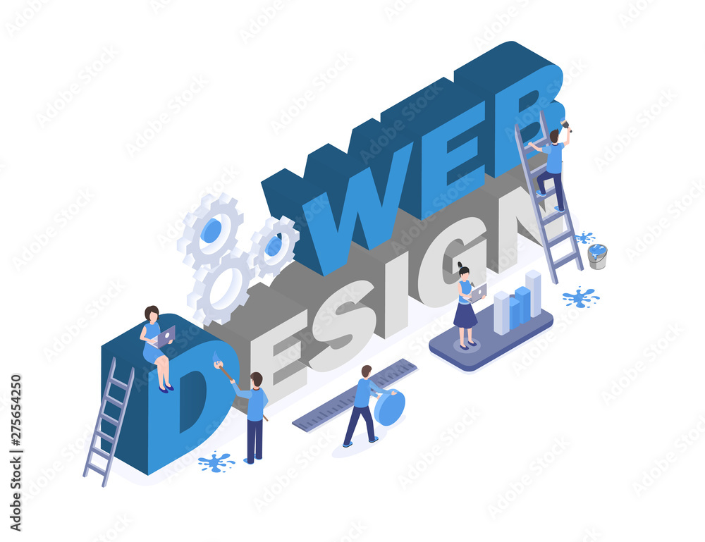 Poster web design banner vector template. graphic and digital design studio workers teamworking, searching 