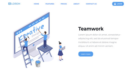 Web designers teamwork isometric landing page. Digital and graphic design studio workers creating homepage, mobile app interface homepage vector layout. UI, UX development 3d illustration