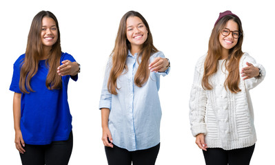 Collage of beautiful young woman over isolated background smiling friendly offering handshake as greeting and welcoming. Successful business.