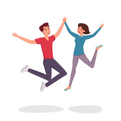 Jumping couple flat vector illustration. Cheerful man and woman, friends, siblings, students cartoon characters. Girl friends and boyfriends laughing, cheering, celebrating success on white background
