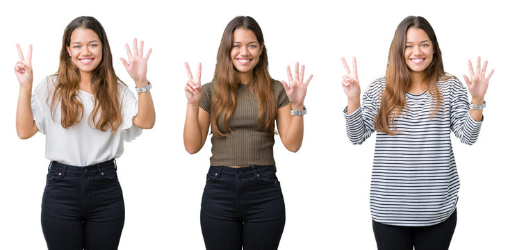 Collage of beautiful young woman over isolated background showing and pointing up with fingers number seven while smiling confident and happy.