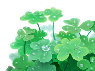 Digital illustration of the clover foliage with morning dew, one drop have a heart shape