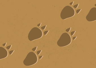 Wild animal, bear footprints on the ground. Brown background. Flat style vector illustration.