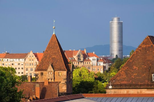 Mannerschuldturm Tower, Business Tower behind, historic centre of Sebald, Nuremberg, Middle Franconia, Franconia, Bavaria, Germany, Europe