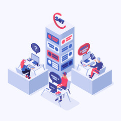 Customer service vector isometric illustration. Call center, online support, hotline operators, consultant managers 3d cartoon characters. Office workers with headphones at workplace