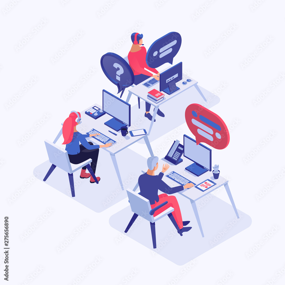 Poster call center vector isometric illustration. customer service operators with headset consulting client