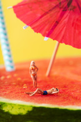 miniature man and woman in swimsuit on watermelon.