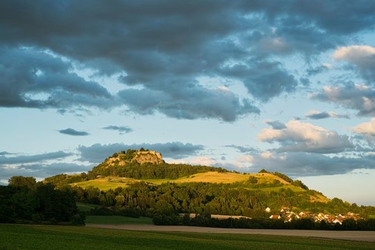 Hohentwiel in evening light, district of Konstanz, Baden-Wurttemberg, Germany, Europe