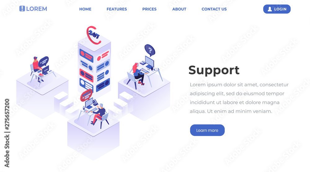 Aufkleber support center isometric landing page template. customer service operators working at helpline, mana