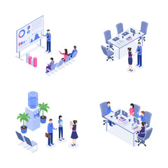 Teamwork vector color isometric illustrations set. Business people, managers, employees at workplace 3d cartoon characters. Management, analytics, business trainings, employment, negotiations