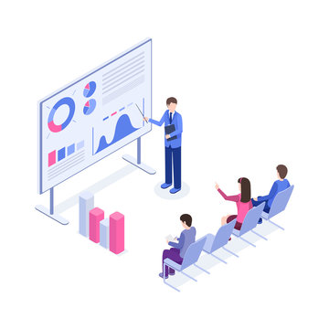 Business presentation isometric color illustration. Market analyst, boss, office workers 3d cartoon characters. Corporate training, sales pitch, employer explaining charts and diagrams on board