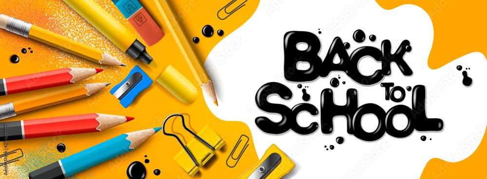 Sticker Back to school sale horizontal banner. First day of school, vector illustration.