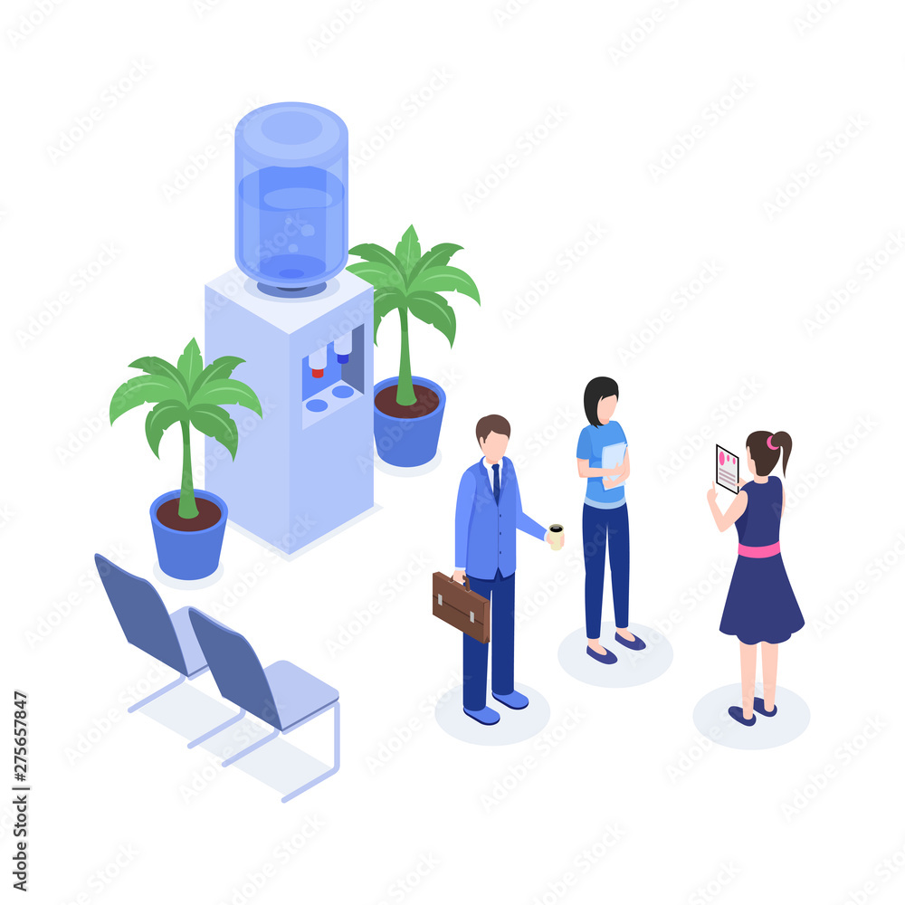 Poster office workers vector isometric color illustration. hr agent interviewing applicants, candidates at 