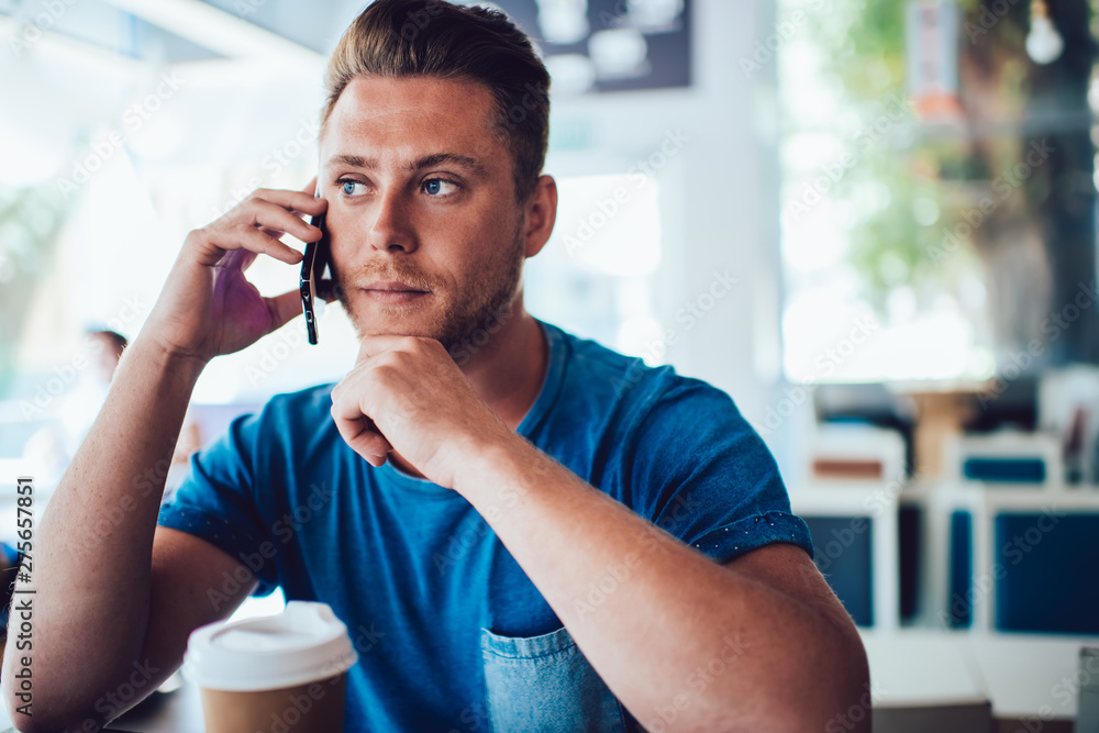 Aufkleber contemplative hipster guy pondering looking away while thinking on idea and discussing it with colle