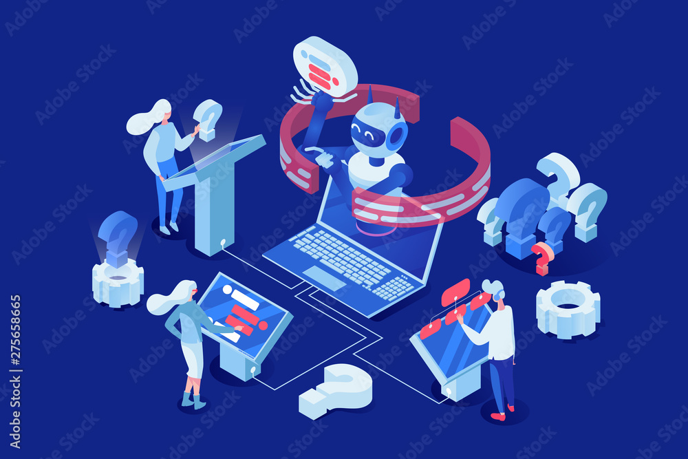 Poster artificial intelligence vector isometric illustration. people, clients chatting with chatbot 3d cart